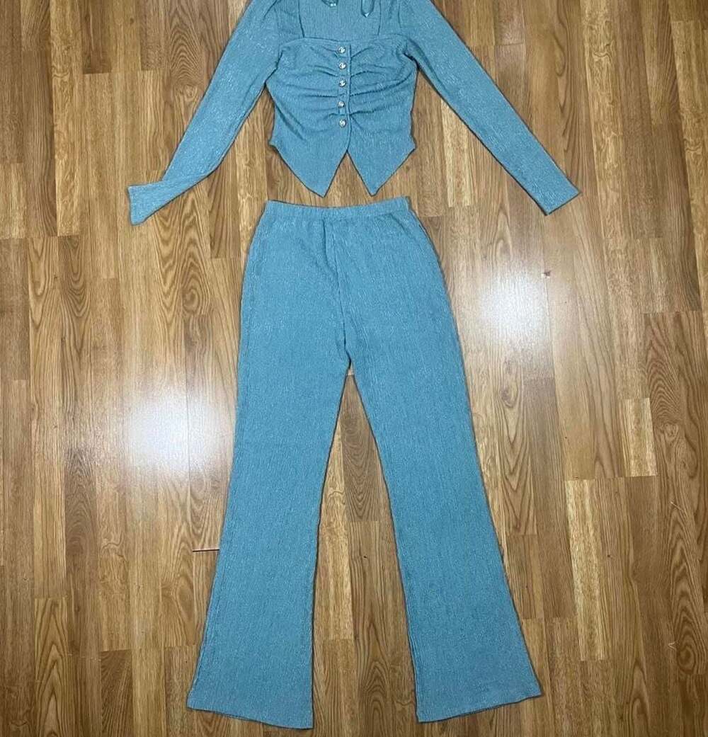 Ribbed High-Rise Flare Pants in Teal Blue